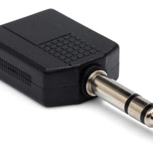 Audio jack adapter with black casing.