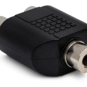 RCA audio splitter adapter with black casing.