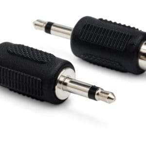 Black audio jack adapters on white background.