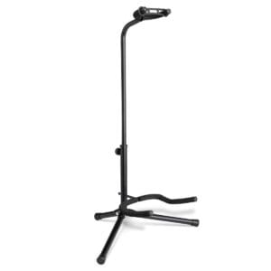 Black guitar stand with tripod base.