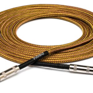 Coiled guitar cable with metal connectors.