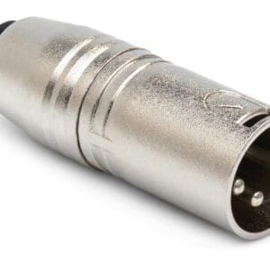 Silver XLR audio connector on white background.