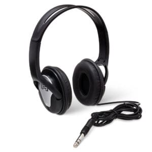 Black over-ear headphones with attached cable.