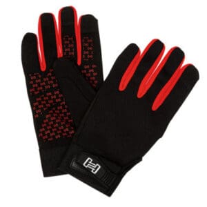 Black and red gloves with grip pattern.