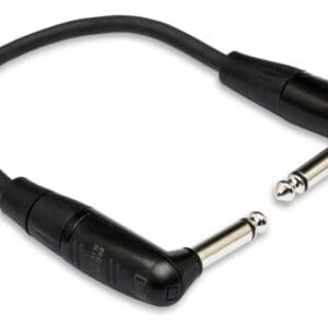 Black audio patch cable with angled plugs.