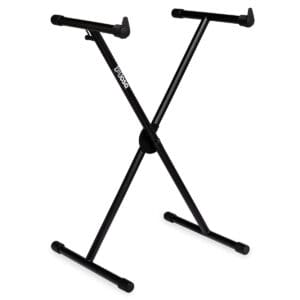 Black adjustable X-frame keyboard stand.