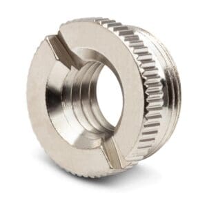 Metal threaded insert with slotted design.