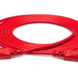 Red coaxial cable with connectors, coiled neatly.
