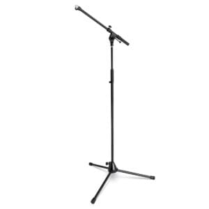 Black adjustable microphone stand with tripod base.