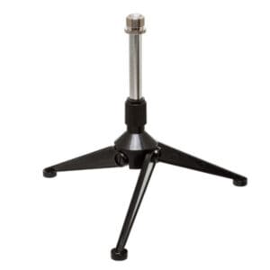 Black metal microphone stand with three legs.