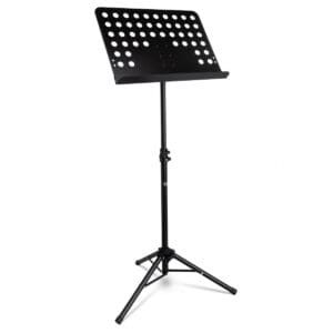 Black adjustable music stand on tripod base.