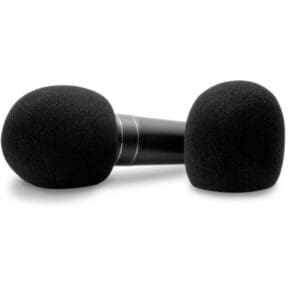 Two black microphones on white background.