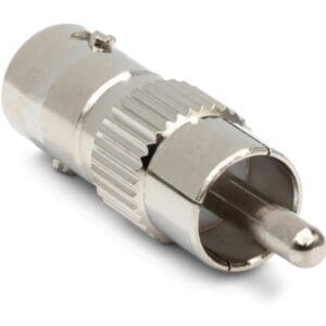 Metallic RCA male plug adapter on white background.