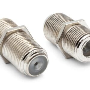 Two metallic coaxial cable connectors, close-up.