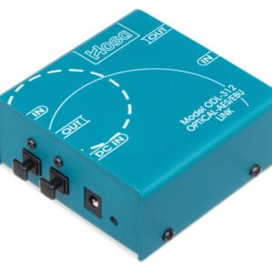Teal optical audio converter with labeled ports.