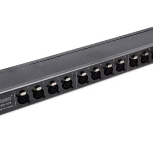 Audio rack-mounted patch panel with connectors.