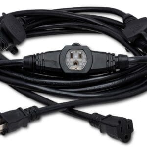 Black electrical extension cord with multiple outlets.