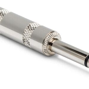 Silver audio jack plug on white background.