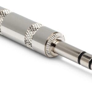 Audio jack adapter with metallic finish.