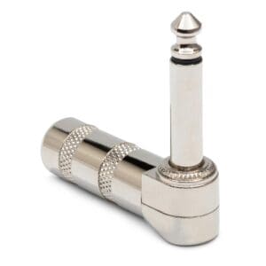 Right-angle audio jack adapter on white background.