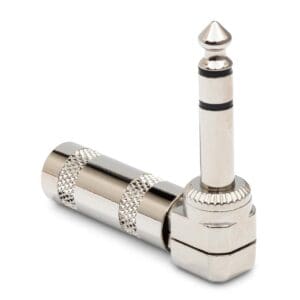 Silver right-angle audio jack adapter plug.