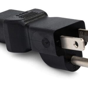 Black electrical plug adapter with three prongs.