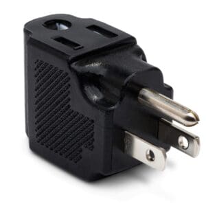 Black electrical plug adapter on white background.
