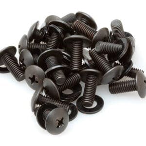 Pile of black metal screws on white background.