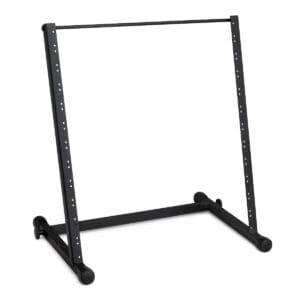 Black metal garment rack on white background.
