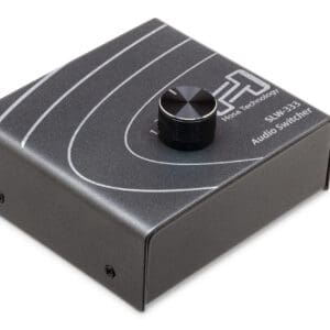 Black audio switcher with a central knob.