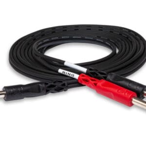 Audio cable with red and black connectors.