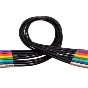 Colorful audio cables coiled in a loop.