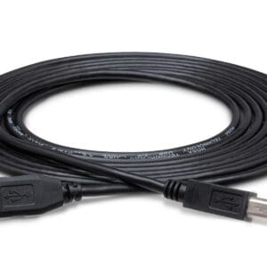 Black USB cable with Type-A and Type-B connectors.