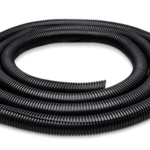Coiled black corrugated plastic tubing on white.