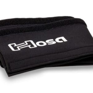 Black cable organizer with white logo.