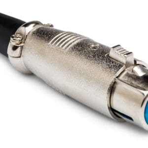 Silver XLR audio cable connector, blue tip.
