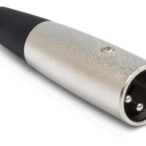 Male XLR audio connector on white background.