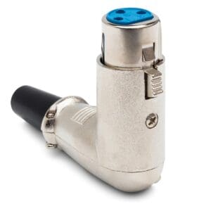 Right-angle metal audio connector, silver and blue.
