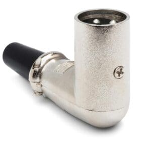 Metal right-angle audio cable connector.