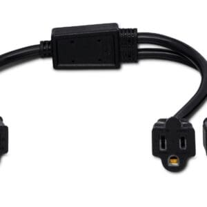 Y-shaped power cable splitter with three connectors.