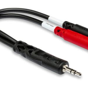 Audio splitter cable with two female connectors.