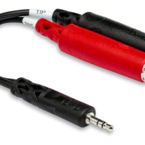 Audio splitter cable with red and black connectors.