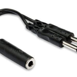 Audio splitter cable with dual quarter-inch plugs.