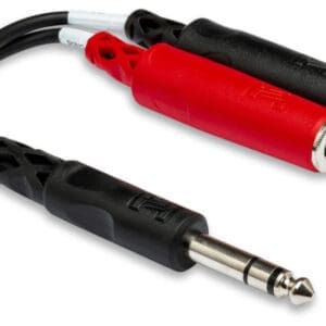 Audio cable splitter with red and black connectors.