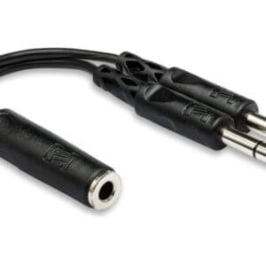 Audio splitter cable with two plugs.