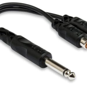 Audio adapter cable with RCA and jack connectors.