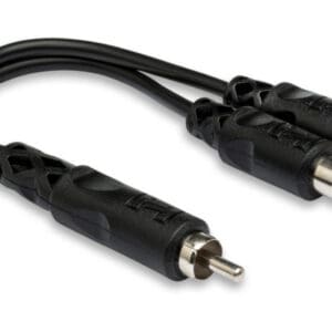 Black RCA splitter cable with two outputs.