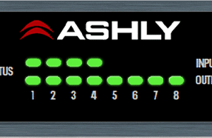 Audio amplifier front panel with indicators.