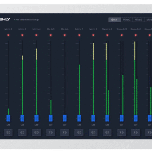 Digital audio mixer interface with volume sliders.
