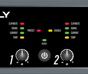 Audio amplifier front panel with controls.